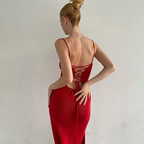 Elegant Bandage Sexy Backless Knit Dresses for Women Summer Outfits Party Club Spaghetti Strap Maxi Dresses Slit Sexy Dress