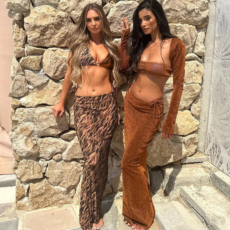 Summer Leopard Print Women's Sets Elegant Outfits See Through Top and Skirt Co-ords Dress Sets Festival 3 Piece Skirt Sets