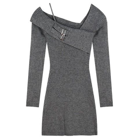 Elegant One Piece Dress Korean Fashion Winter Sexy Bodycon Y2k Mini Dress Woman Long Sleeve Solid Knitted Dress Slim Casual