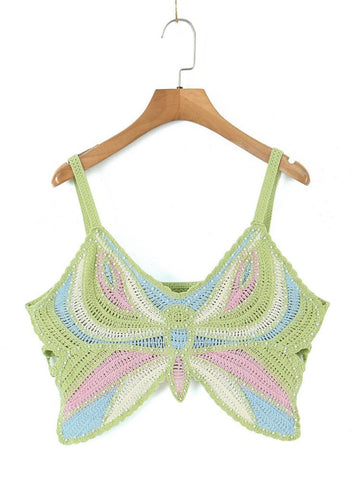 Beading Butterfly Crochet Camisole Holiday Women Hollow Out Contrast Color Corset Sexy Tank Tops Summer Cropped Camis