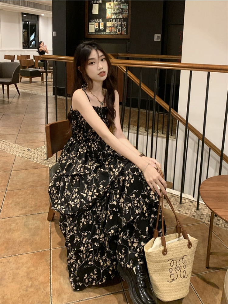 Y2k Korean Style One Piece Black Floral Dress Women Vintage Elegant One Piece High Waist Long Slip Fairy Dresses Summer