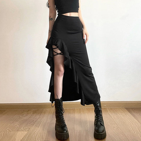 Goth Dark High Split Ruffles Side Y2k Maxi Skirts Elegant Mall Gothic Bandage Sexy Partywear Women Grunge High Waist Long Skirt