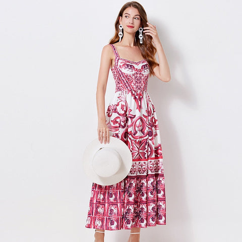 Summer Dress Women Runway Rose Flower Bohemian Spaghetti Strap Floral Print Backless Vacation Party Maxi Dresses