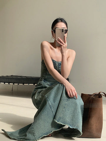 Vintage Elegant Party Midi Dress Women Korean Style Denim Strapless Dress A-line Temperament Sexy Streetwear Designer Dress