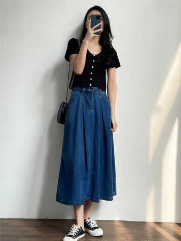 Spring Summer Denim Skirts Women Casual High Waist A-line Skirts Lady Loose Vintage Dark Blue Skirts