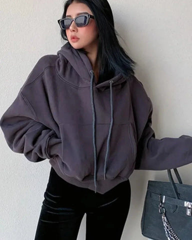 Winter Women Solid Fleece Hoodies Clothing Long Sleeve Tops Loose Pocket Sweatshirt Female Casual Pullover