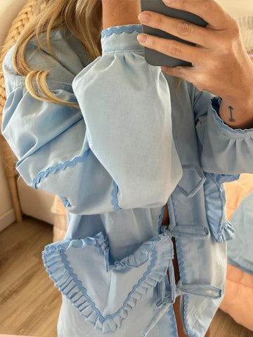 Solid Lace Up Hollow Out Women's Shirt Casual Lantern Long Sleeve V-neck Female Blouses Spring New Fashion Tops Streetwear