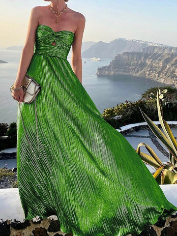 Sexy Twist Strapless Hollow Out Long Dress Women Boho Elegant Bronzing Evening Dress Fashion Sleeveless A-Line Party Dress