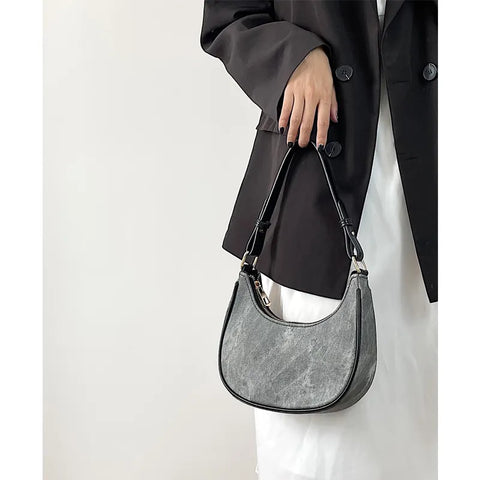 Casual Women Half Moon Underarm Bags Gray PU Leather Hobos Shoulder Bag for Female All Match Ladies Crossbody Bag Purse Handbags