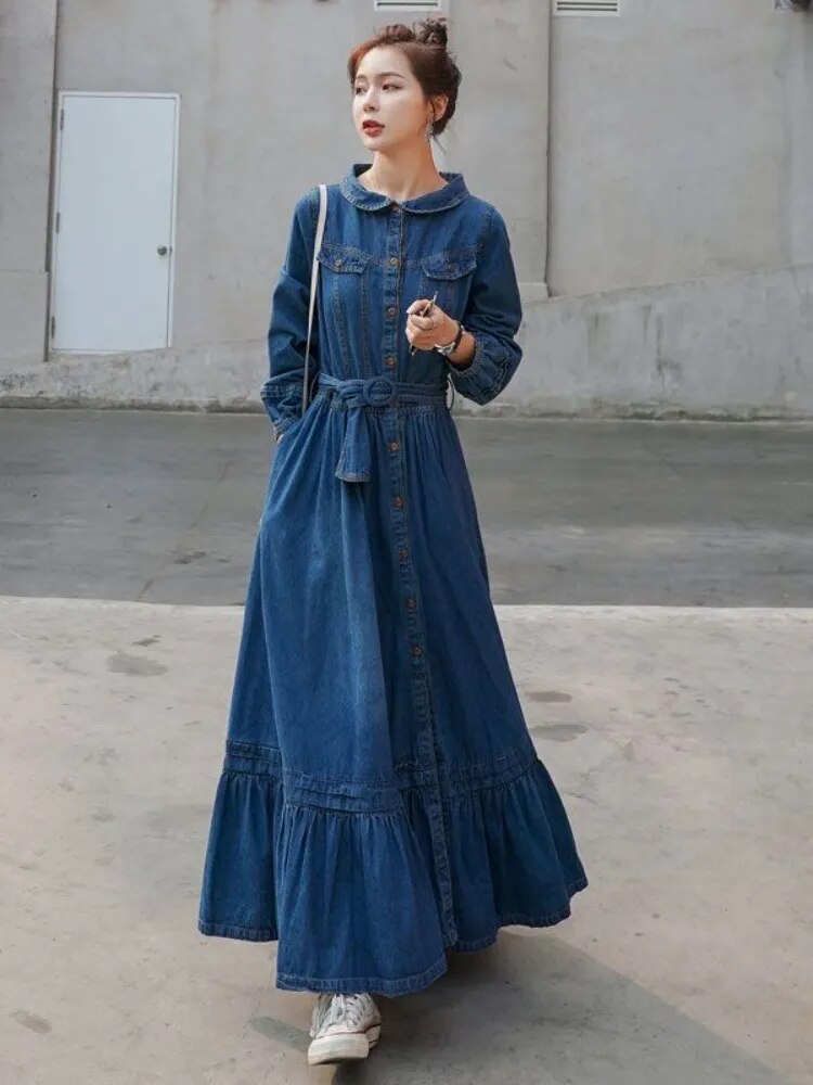 Dresses for Women Autumn Winter Fashion Versatile Women's Clothing French Retro Denim Robe Solid Large Skirt Hem Long Dress