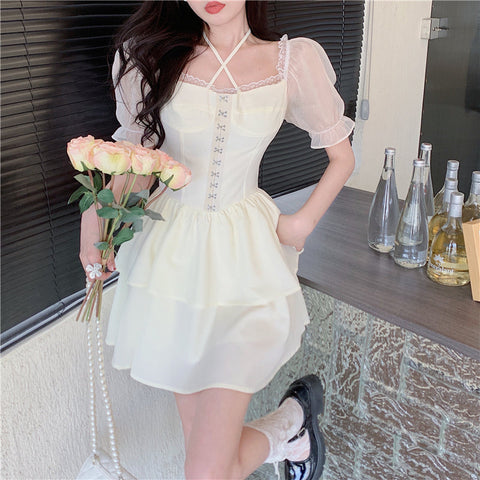 White Women's Dress Short Skirt French Vintage Long Short Sleeve Summer Ladies Chic Design Ruffle Skirt Halterneck Dresses