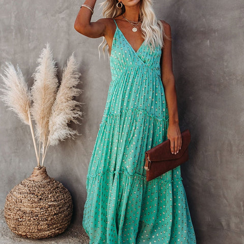 Long Dress Women Sleeveless V Neck Spaghetti Strap Summer Maxi Dress Boho Pleated Loose Beach Dress Robe Femme Vestido De Mujer