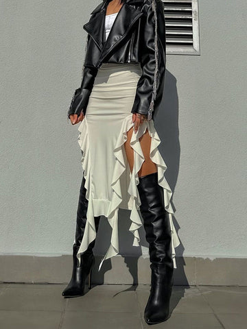 Tassel Summer Female Long Skirt Ruffled High Waist Broken High Split Fashion Pleated Sexy Solid Patchwork Maxi Skirt