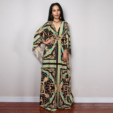 Print Maxi Dress Batwing Sleeve Tunic Spring Autumn Beach Dress Casual Plus Size Women Beachwear Kaftan Cover-ups Pbong mid size graduation outfit romantic style teen swag clean girl ideas 90s latina aesthetic