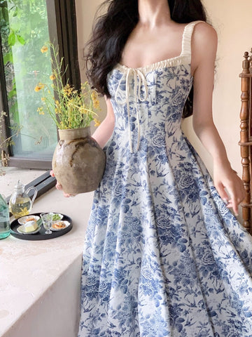 French Floral Strap Midi Dress Woman Elegant Sleeveless Even Party Dress Office Lady Summer Beach Casual Korean Style Dress