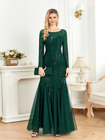 Lucyinlove Elegant Long Sleeves Sequin Tulle Evening Dresses Women Luxury Mermaid Formal Bridesmaid Party Maxi Prom Dress