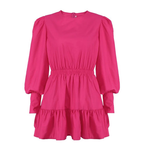 Sleeve High Waist A-Line Pleated Women'S Dress Casual O Neck Pink Mini Dresses Autumn Sexy Long Sleeve Robe