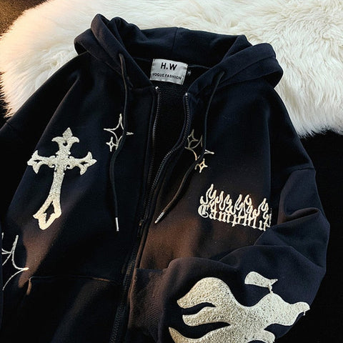 Gothic Embroidery Hoodies Women Retro Harajuku Hip Hop Jacket High Street Zip Up Hoodie Casual Loose Sweatshirt Clothes Y2K Tops