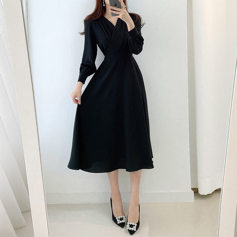 Harajuku V-neck Puff Sleeve A-line Maxi Dresses for Woman Women Solid Color Midi Robe Korean Office Dresses Elegant Spring