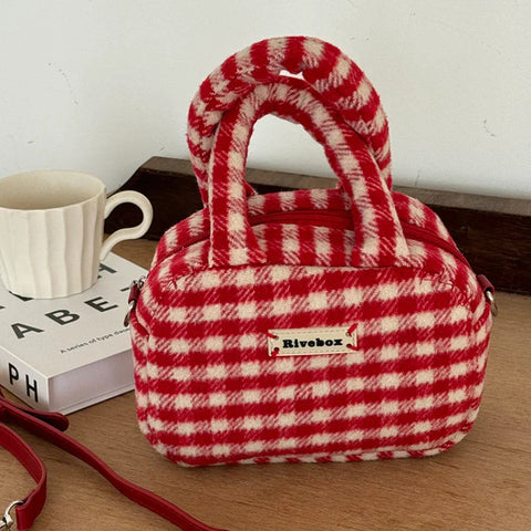 Red Christmas Plaid Women's Shoulder Bag Vintage Female Small Crossbody Bags Retro Woolen Girls Clutch Handbags Tote Purse