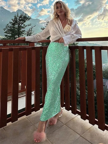 High Waist Sequin For Women Long Skirt Slim Split Fashion Elegant High Street Glitter Maxi Skirt Casual Female Long Skirt