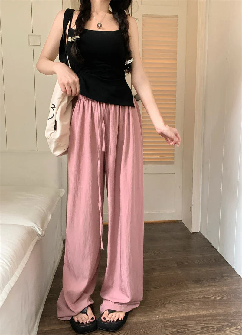 Summer New Vertical Loose Casual Wide Leg Pants High Waist Draw Rope Straight Pants Women