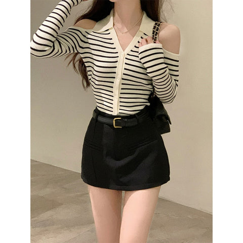 Casual Knitted Sweater Women Sexy Slim Y2k Crop Tops Female Autumn Striped Cardigan Korean Fashion Clothing Chic Blouse