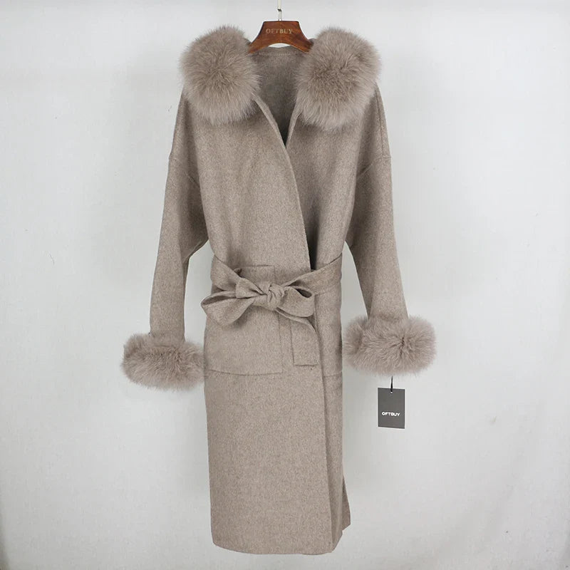 New Oversize Loose Cashmere Wool Blends Real Fur Coat Winter Jacket Women Natural Fox Fur Collar Hood Outerwear Belt