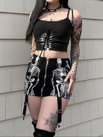 Goth Dark Skull Graphic Mall Gothic Aesthetic Mini Skirts Grunge Punk Low Raise Emo Sexy Skinny Skirt Zip Up Fashion Alt Clothes