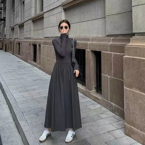 New French Style Temperament Women's High-Grade Black Dress Hepburn Style Gray Turtleneck Dress for Women Autumn and Winter