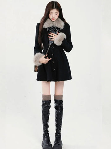 Women Elegant Long Sleeve Mini Dress Warm Winter Sweet Faux Fur Collar Woolen Dress Female Vintage A-line Party Dress