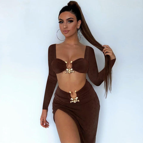 Autumn Two Piece Set Women Square Collar Full Sleeve Crop Top And High Split Skirt Matching Sets Female Dress Set