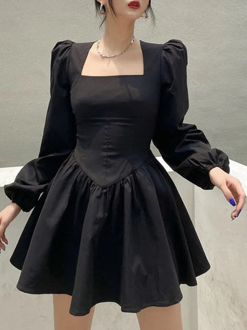 Black Elegant Mini Dress Women Vinatge Long Sleeve Dresses Square Collar Spring Autumn Fashion High Street Female Robe