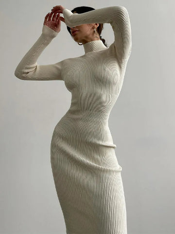 Knitted White Dress Turtleneck Long Sleeve Bodycon Dress Autumn Winter Elegant Party Evening Black Dresses for Women