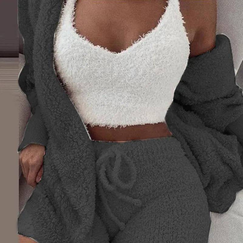 Women's Comfortable Knit Pajama Set Crop-top with V-neck Winter Plush Loungewear Casual 3-Piece Set Long Sleeve Shorts Sports