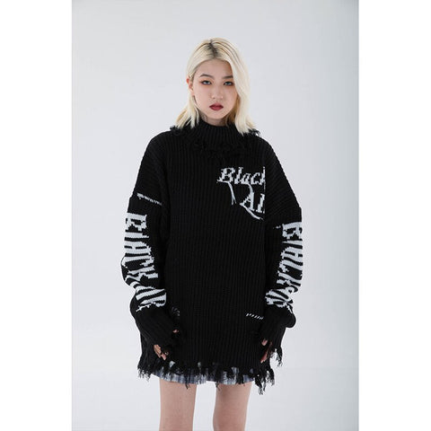 Women Street Black Knitting Sweater Letter Printing Round Neck Long Sleeves Casual Vintage High Street Baggy Tops Ladies Autumn