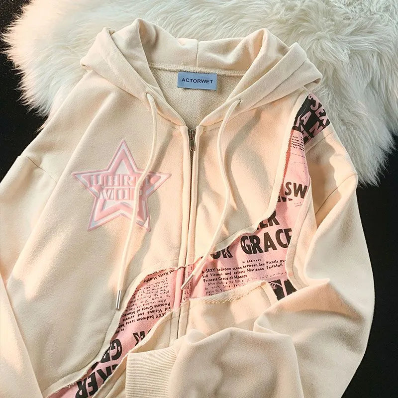 Deeptown Y2K Vintage Zip Up Hoodies Women Harajuku Hip Hop Letter Print Sweatshirts Gothic Streetwear Loose Patchwork Tops Coats