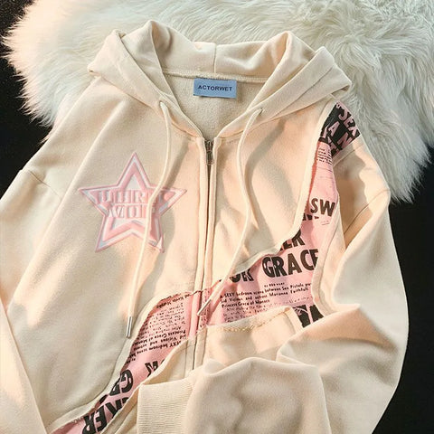 Deeptown Y2K Vintage Zip Up Hoodies Women Harajuku Hip Hop Letter Print Sweatshirts Gothic Streetwear Loose Patchwork Tops Coats