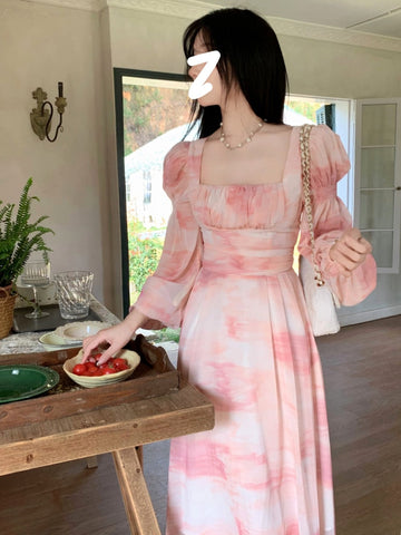 Long Sleeve Floral Midi Dress Chiffon French Elegant Party Dress Woman Casual Fashion Beach Dress Office Lady Summer Chic