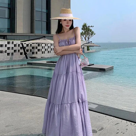 Women Sleeveless Slip Long Dress New Summer Elegant Boho Holiday Beach Dress Solid V-neck Pleated Bandage Dresses Backless