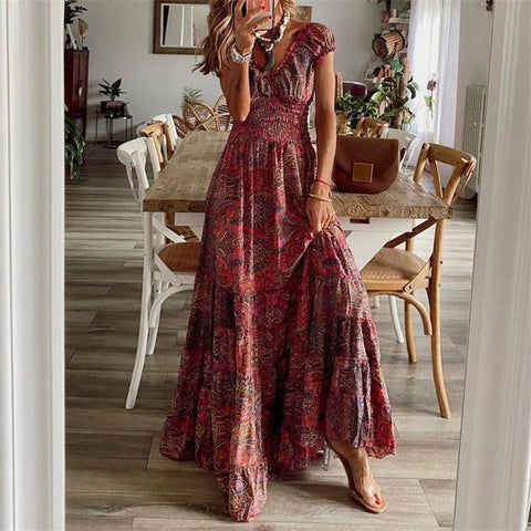 Summer Vintage Long Dresses Women Bohemian Elegant Floral Print V Neck Robe Beach Holiday Casual Big Swing Maxi Dresses