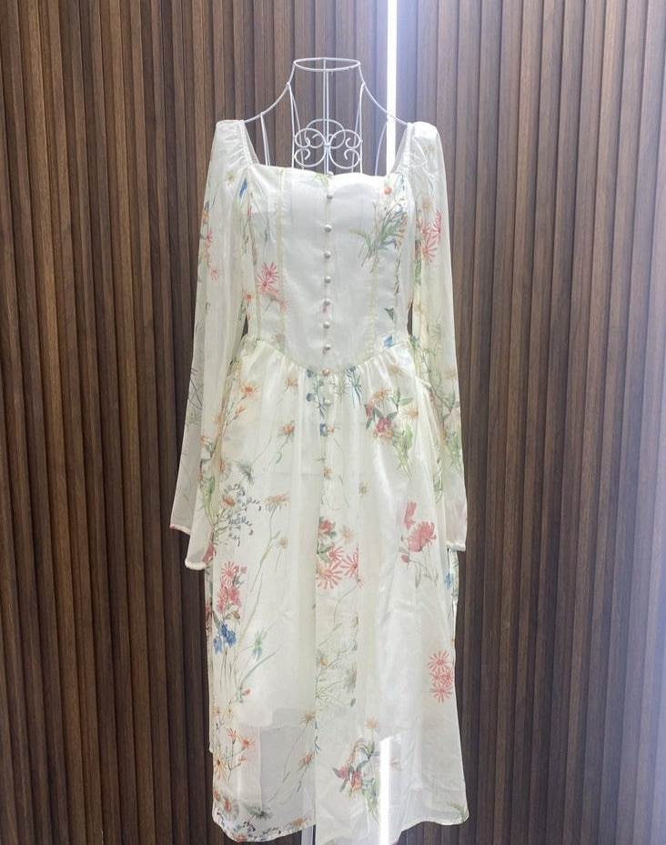 Chiffon Floral Midi Dress Office Lady Summer Elegant One Piece Dress Korean Fashion Beach Style Causal Long Sleeve Sundress