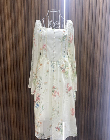 Chiffon Floral Midi Dress Office Lady Summer Elegant One Piece Dress Korean Fashion Beach Style Causal Long Sleeve Sundress