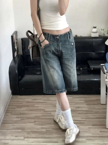 American Retro Blue Denim Shorts Women Korean Style High Waist Biker  Jeans Feminino 2024 Summer Chic Streetwear