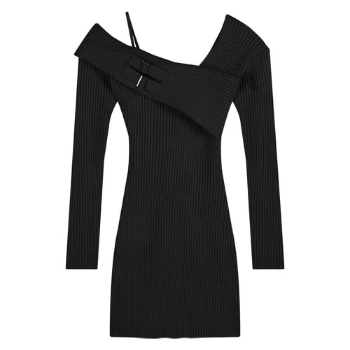 Elegant One Piece Dress Korean Fashion Winter Sexy Bodycon Y2k Mini Dress Woman Long Sleeve Solid Knitted Dress Slim Casual