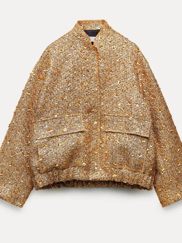 Fashion Gold Sequin O-neck Women Short Jacket Covered Button Long Sleeve Loose Elegant Coat Autumn farty Casual Lady Streetwears