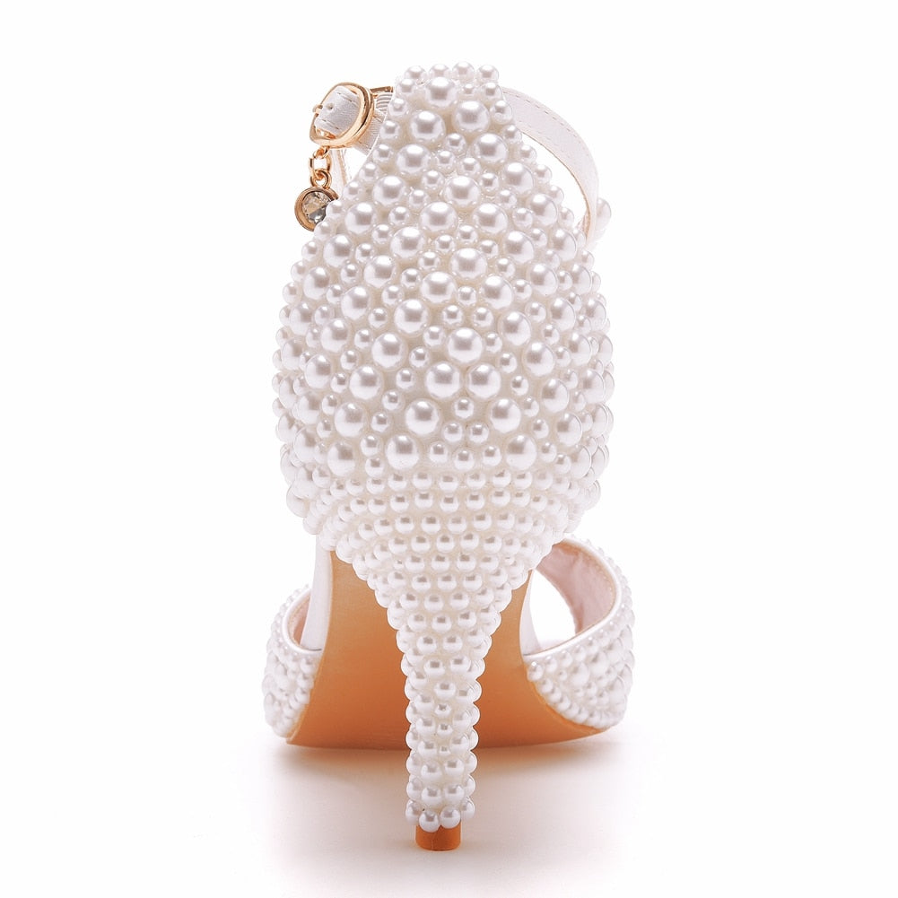 Crystal Queen White Pearl Sandals Women Open Toe High Heels Lady Luxury Wedding Shoes Banquet Dress Stiletto