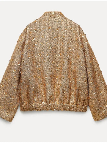 Fashion Gold Sequin O-neck Women Short Jacket Covered Button Long Sleeve Loose Elegant Coat Autumn farty Casual Lady Streetwears