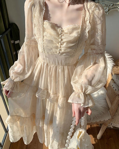 Court Vintage Fairy Dress Women Sweet Ruffles High Waist Elegant Princess Dress Female Summer Casual Classy Party Dress New