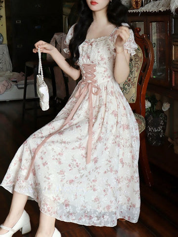 Summer Lace Korean Fairy Dress Women Square Collar Princess Kawaii Floral Midi Dress Female Bandage Sweet Dresses Fashion